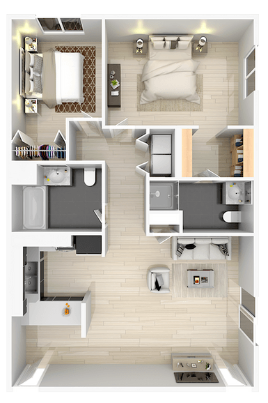 a 3d rendering of the interior of a house with a bedroom and a bathroom